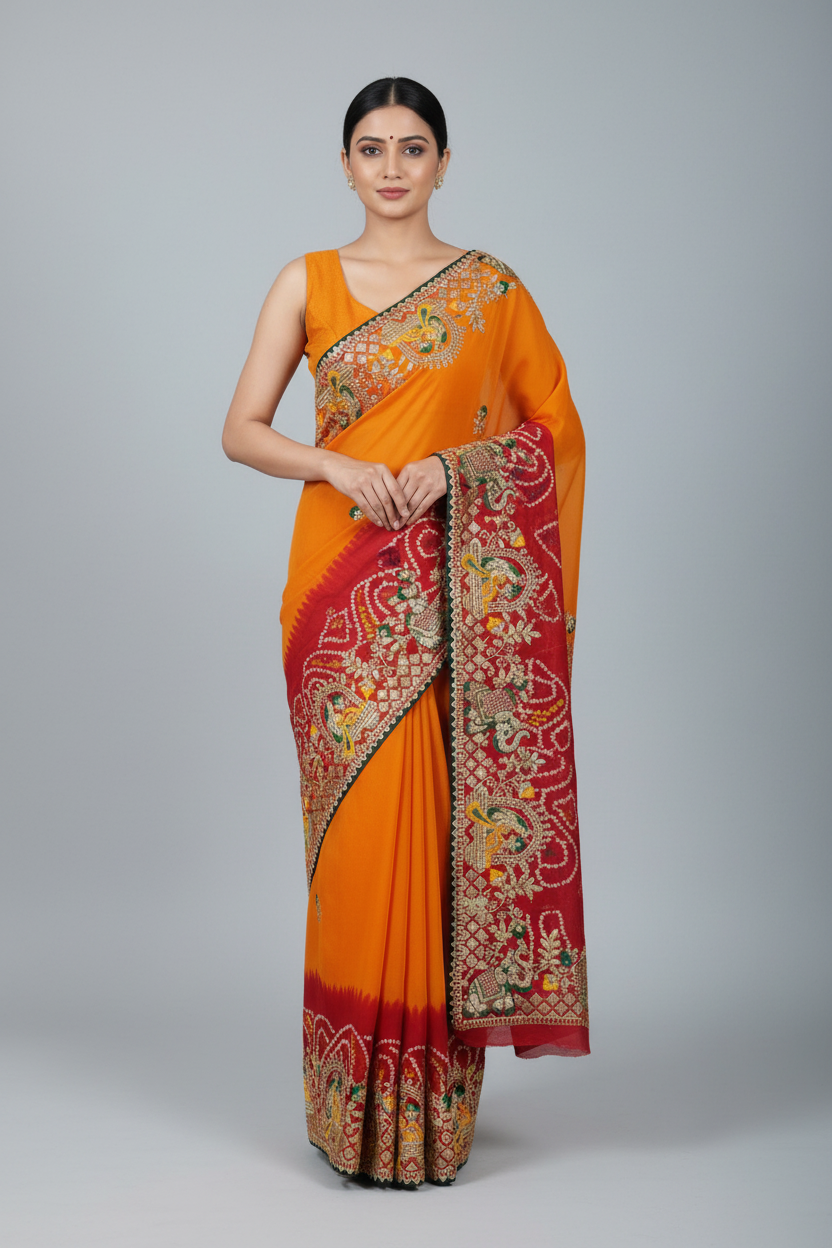 Bhandej L Orange Plain Sleeveless Blouse