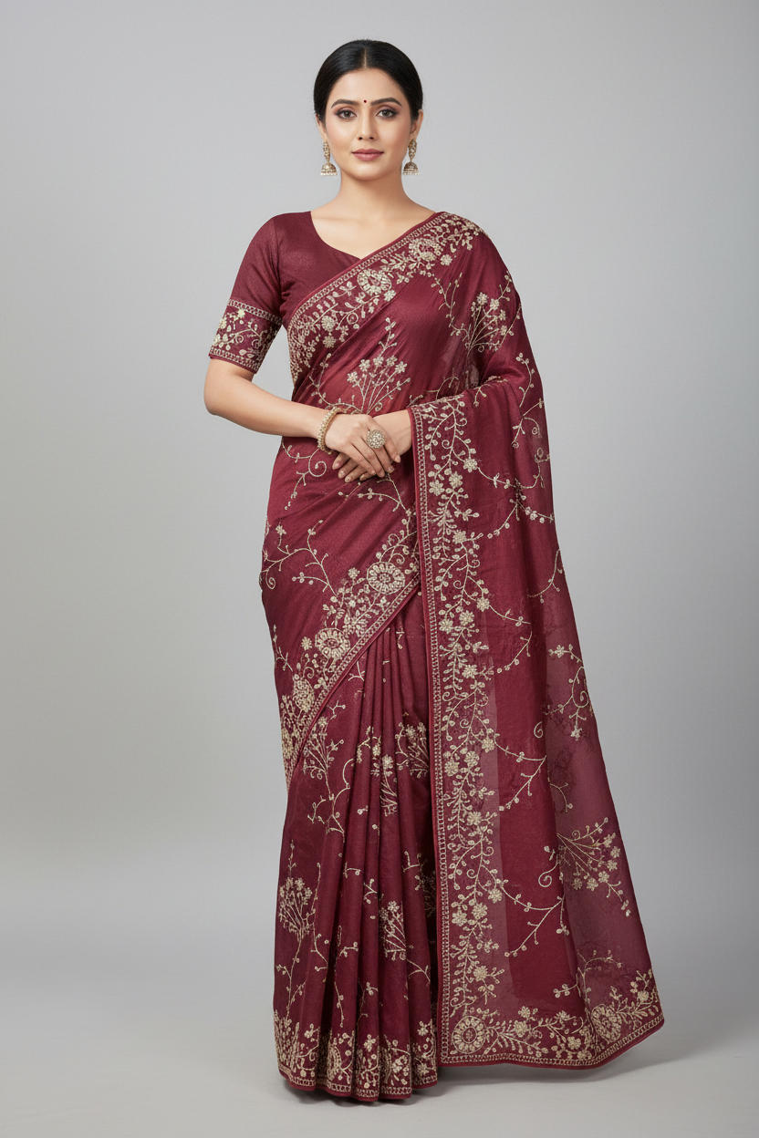 Savitri Marron with Border-Matched Blouse